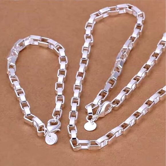925 Silver Plated Box Chain Necklace & Bracelet Set 4mm Fashion Birthday Gift